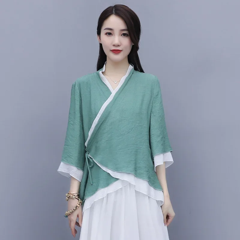 Vêtements chinois traditionnels pour femmes, style chinois, haut Hanfu à demi-manches, chemisier décontracté, Cheongsam Y-Half, 2024