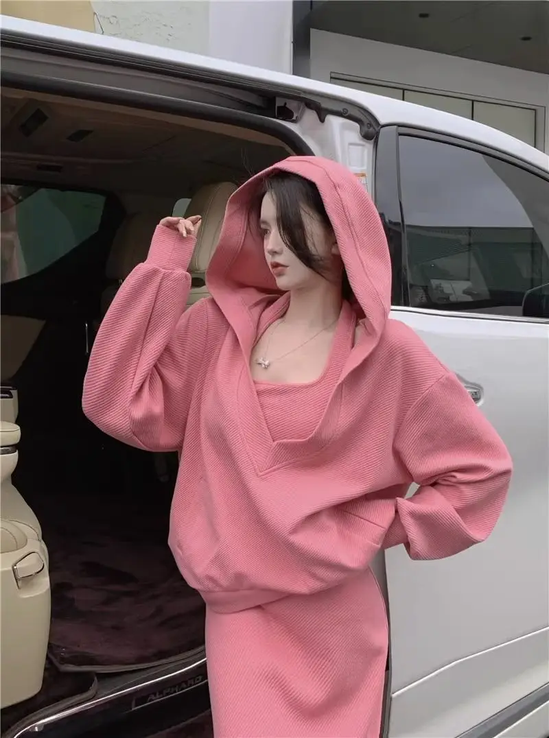 Autumn Winter Skirt 2 Piece Set Women Korean Casual Hooded Sweatshirt Sling Dress Sets Loose Hoodie Dress Sets Women'S Clothing