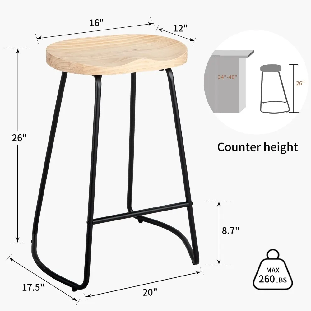 Counter Height Bar Stools Set of 3, Solid Wood Bar Stool for Kitchen Island 26" Barstool with Metal Leg Rustic Backless
