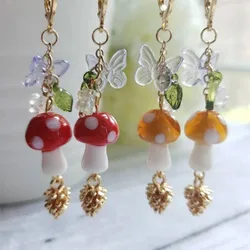 Mushroom earrings, mushroom butterfly flower and leaf dangle earrings