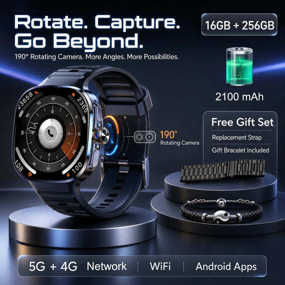 Смарт-часы с поддержкой 4G, 2,4-дюймовым AMOLED-экраном, батареей 2100 мАч, 16 ГБ+256 ГБ памяти, HD-камерой, GPS, Wi-Fi, NFC и возможностью загрузки приложений Google.