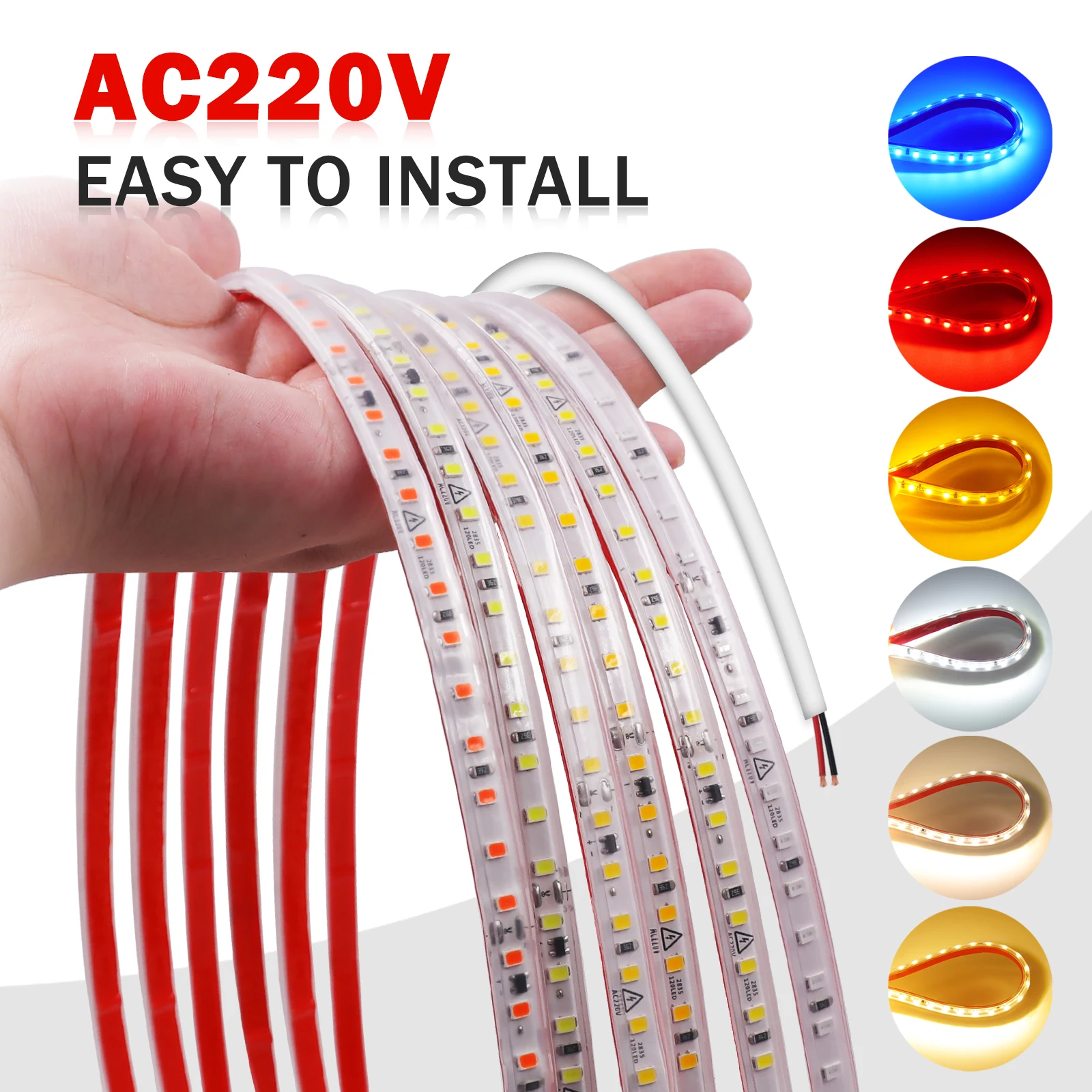 AC220V 230V Led Strip Light 2835 120LEDs/m Red Ice Blue Green Yellow Pink Flexible And 10CM Cuttable Soft Adhesive Tape Lamp Bar