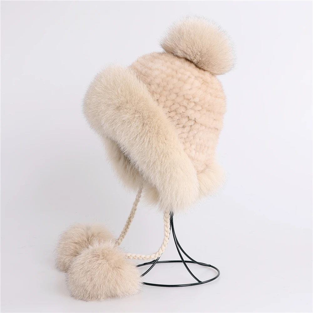 

100% Real Mink Fur Hat for Women Natural Fox Fur Russian Ushanka Hats Winter Thick Warm Earflaps Fashion Bomber Cap Pom Poms