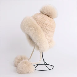 100% real chapéu de pele de vison para mulher natural pele de raposa russa ushanka chapéus inverno grosso quente earflaps moda bomber boné pom poms