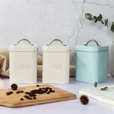 3Pcs/Set 10.6*10.6*14cm Creamy-white Cyan-blue Square Sealed Jar Coffee Pot Tea Caddy Sugar Bowl Milk Powder Can Moisture-proof