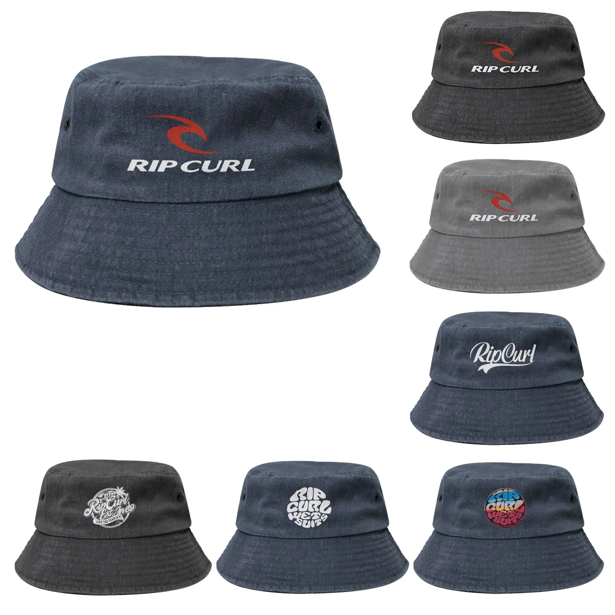 Unisex Rip Curl Bucket Hats Denim Cotton Wet Suits Merch Washed Distressed Fisherman Caps Travel Headwear Sun Cap Lightweight