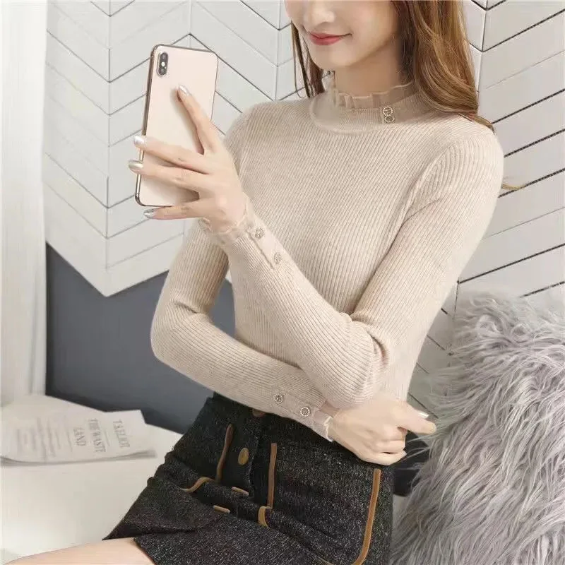 Lucyever Lace Ruffles Collar Women Sweater Fashion Patchwork Slim Fit Knitting Women\'s Jumper Elegant Long Sleeve Knitwear Top