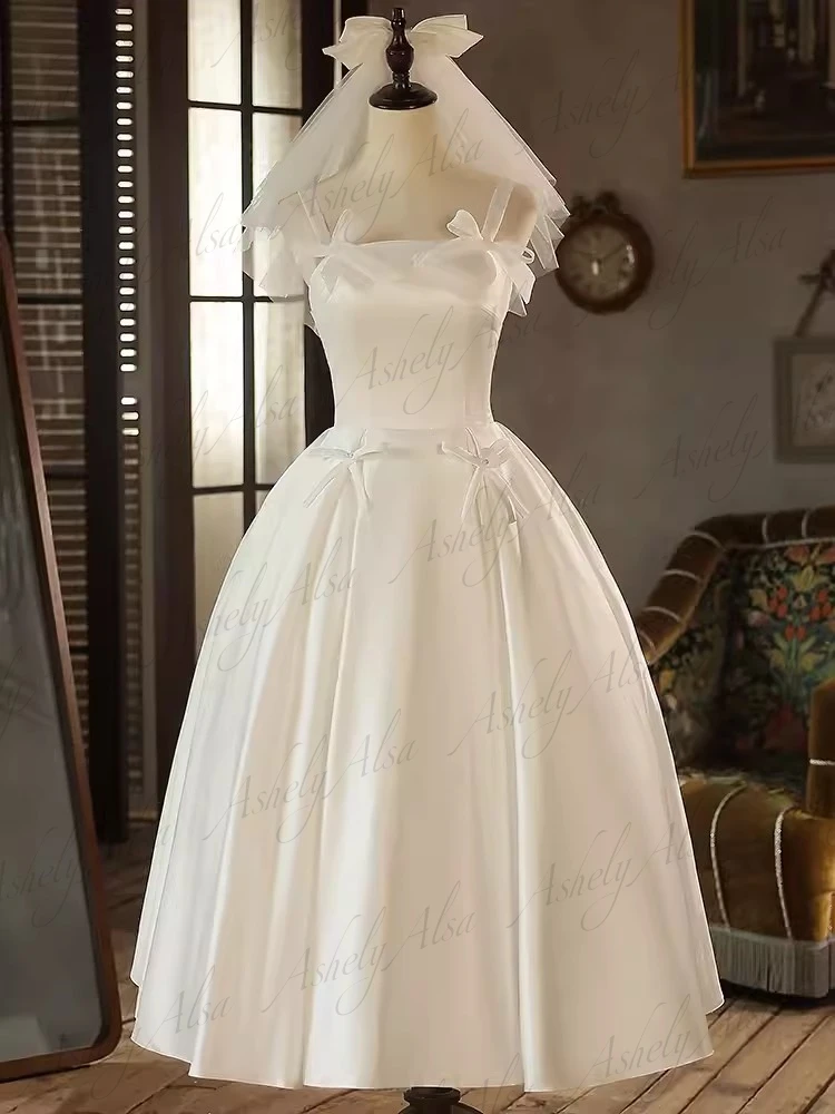 Personalizado imagem real elegante branco chá comprimento vestidos de festa de casamento cinta espaguete uma linha cetim feminino noite formal wear