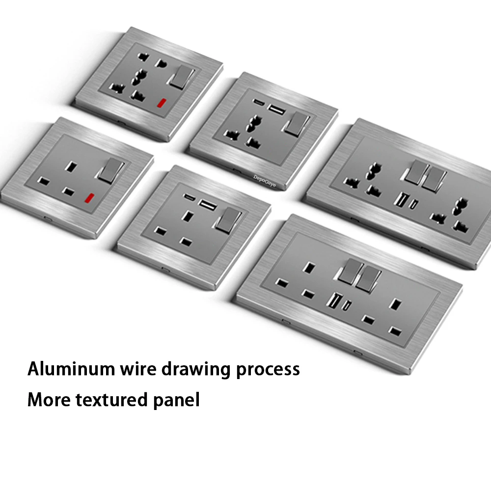Enchufe de pared gris metálico UK 13A con cargador USB tipo c de 5V 3.1A, Panel de interruptor de luz LED eléctrico Universal de aluminio cepillado