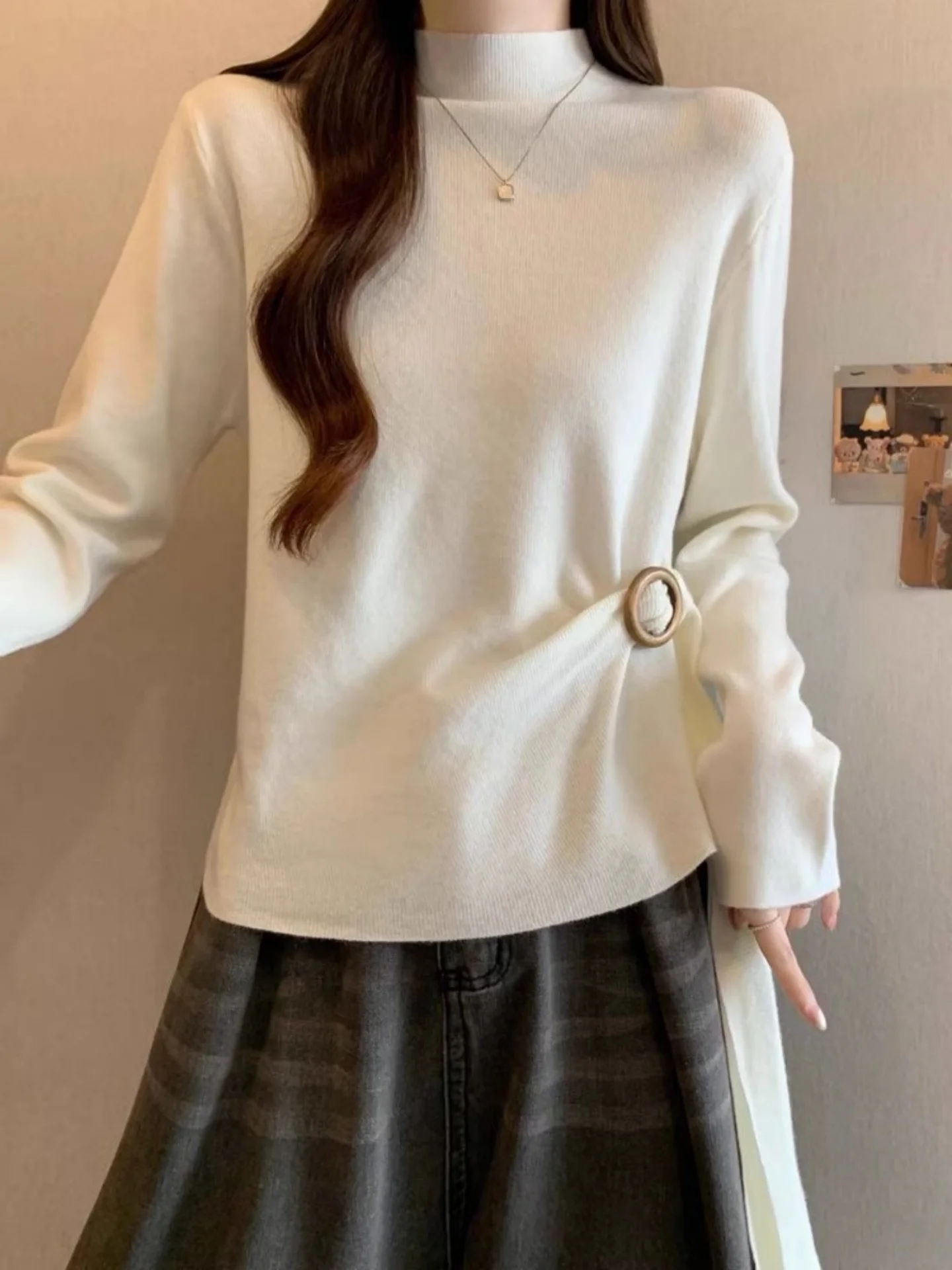 

Женский трикотажный топ с высоким воротом, облегающий, с завышенной талией, универсальная базовая одежда для осени и зимы, большие размеры