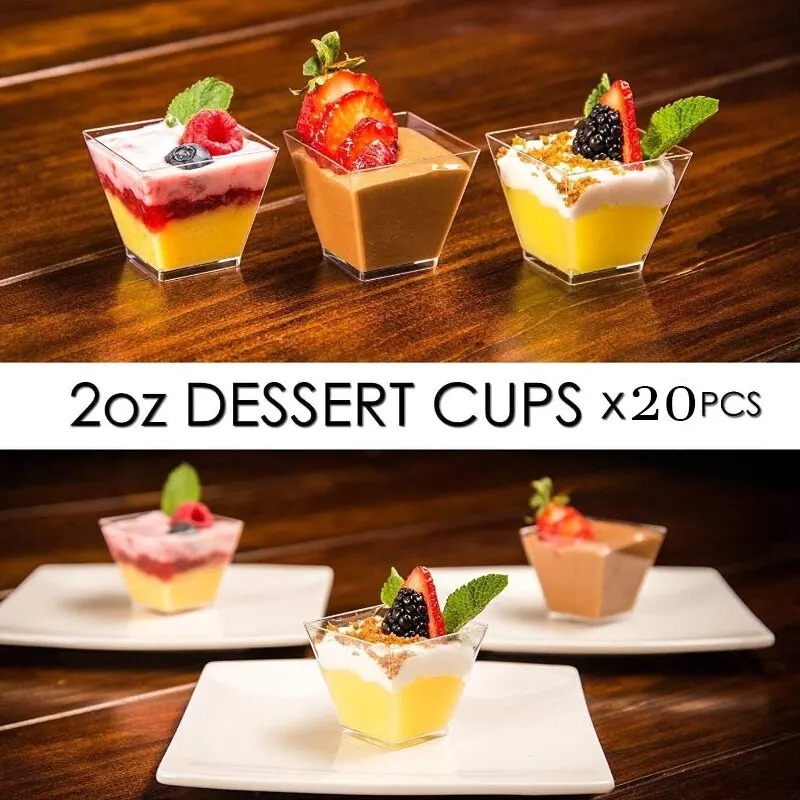 20 X 2oz Square Mini Dessert Cups With Spoons, Clear Plastic Parfait Appetizer Cup for Tasting Party Desserts Appetizers