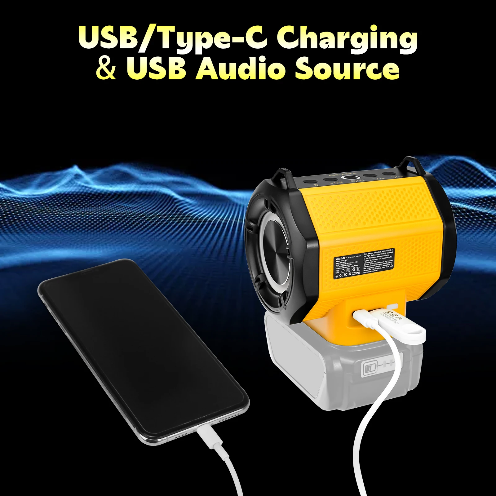 مكبر صوت محمول مناسب لبطارية Dewalt 20 فولت مع منفذ شحن USB ونوع C ومكبر صوت لاسلكي متوافق مع البلوتوث (بدون بطارية)