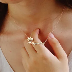 Custom Name Necklaces Women Men Stainless Steel Personalize Bachelor Cap Shaped Nameplate Pendant Collar Graduation Jewelry Gift