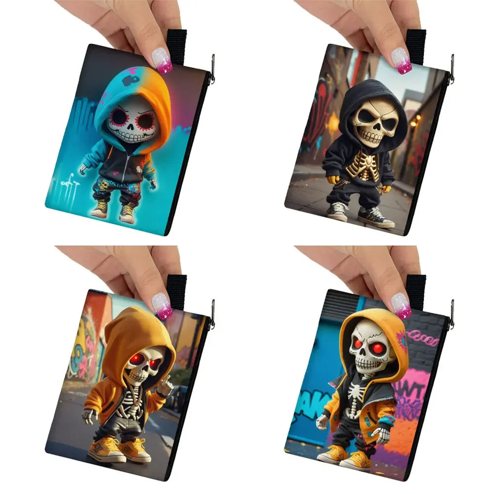 Hip Pop Skeleton Print Coin Purse Women Cartoon Skeleton Boy Pattern Teenager Card Key Earphone Holder Zipper Pouch Coin Bag