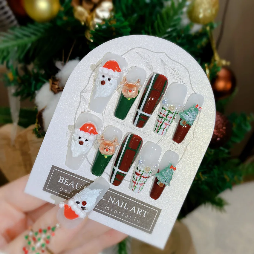 New Christmas Press on Nails Long Ballet Handmade Wearable False Nails Hand-paint Santa Claus Green French Fake Nail Patch