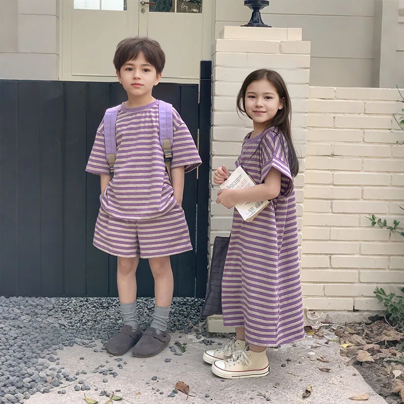 Summer Children's Clothes Sets Casual Striped Short Sleeve Tops Shorts Sets Girls Loose Midi Dress Kids Outfits Sibling Matching