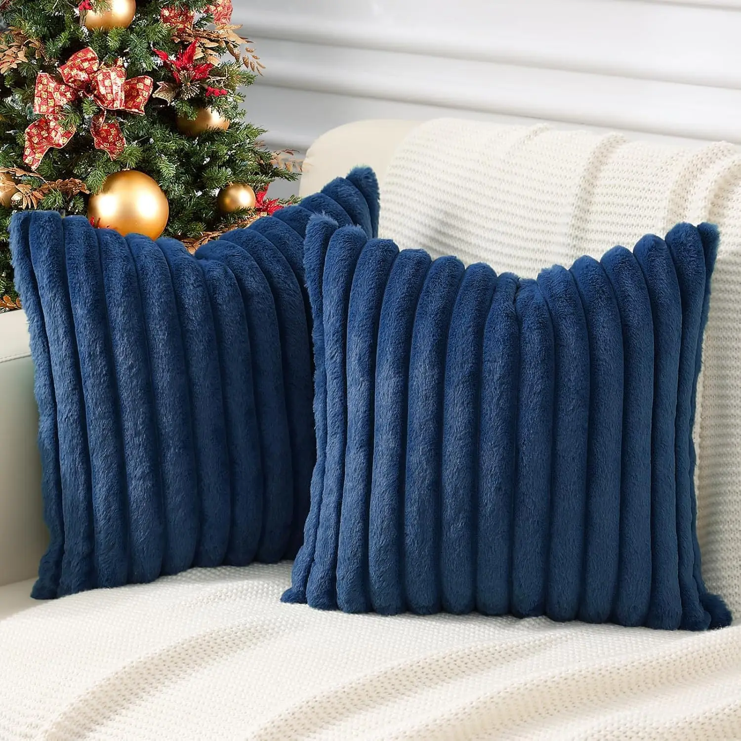 

Plush Throw Pillow Covers 24X24 Set Of 2, Luxury Soft Fluffy Striped Decorative Pillow Covers For Sofa, Couch, Living Room,