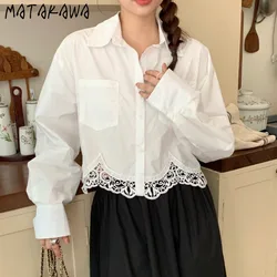 Matakawa Lace Patchwork Women Blouses Solid Spring Autumn Korean Fashion Loose Blusas Mujer Chic Elegant Sweet Short Shirts