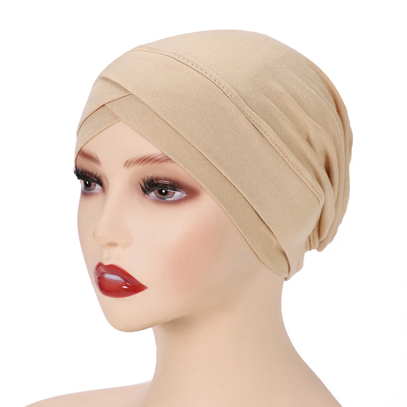 Cross Muslim Turban Pure Color Inner Hijab Women Stretch Islamic Underscarf Bonnet Hat Headband caps