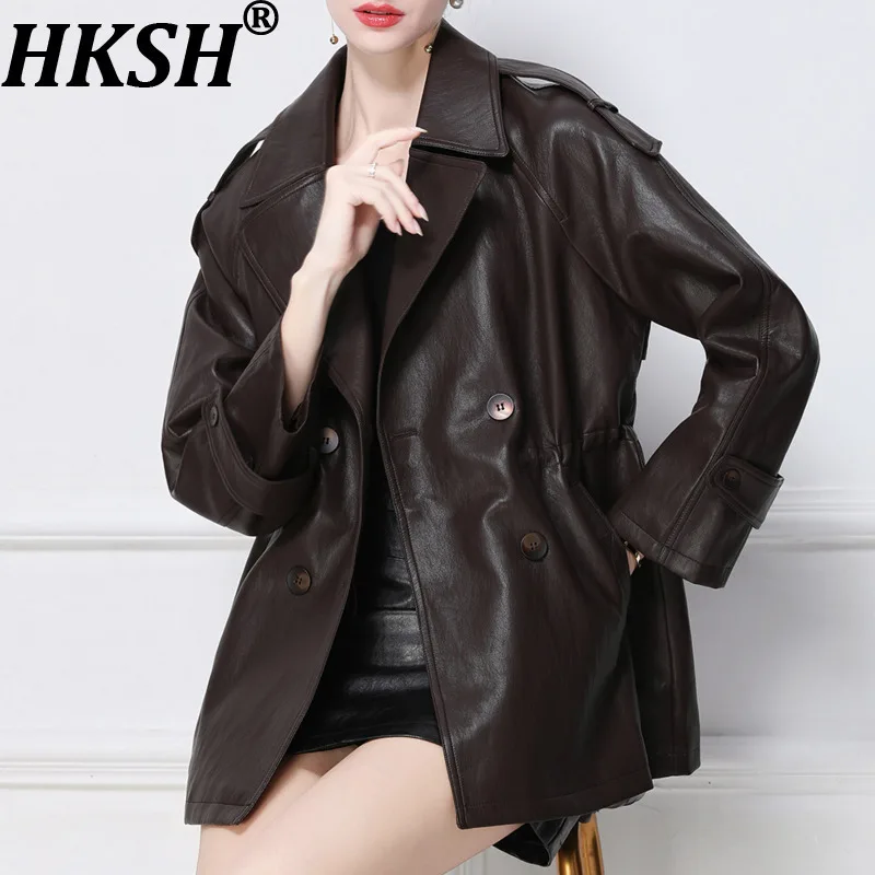 

HKSH Spring Autumn New Women Jacket PU Leather Turn-down Collar Double Breasted Pockets Waist Cinching Tide Fashion Coat HK13457