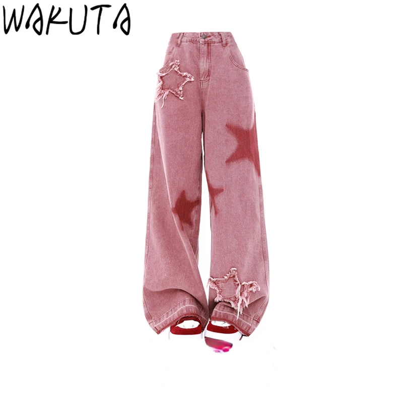 

Женские брюки с вышивкой в виде звезд, розовые брюки свободного покроя с широкими штанинами в стиле Харадзюку, универсальные штаны, осень 2024