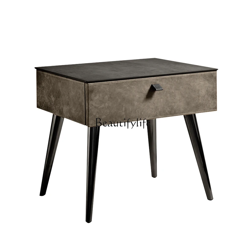 

Italian light luxury bedside table leather solid wood minimalist retro modern simple bedside table