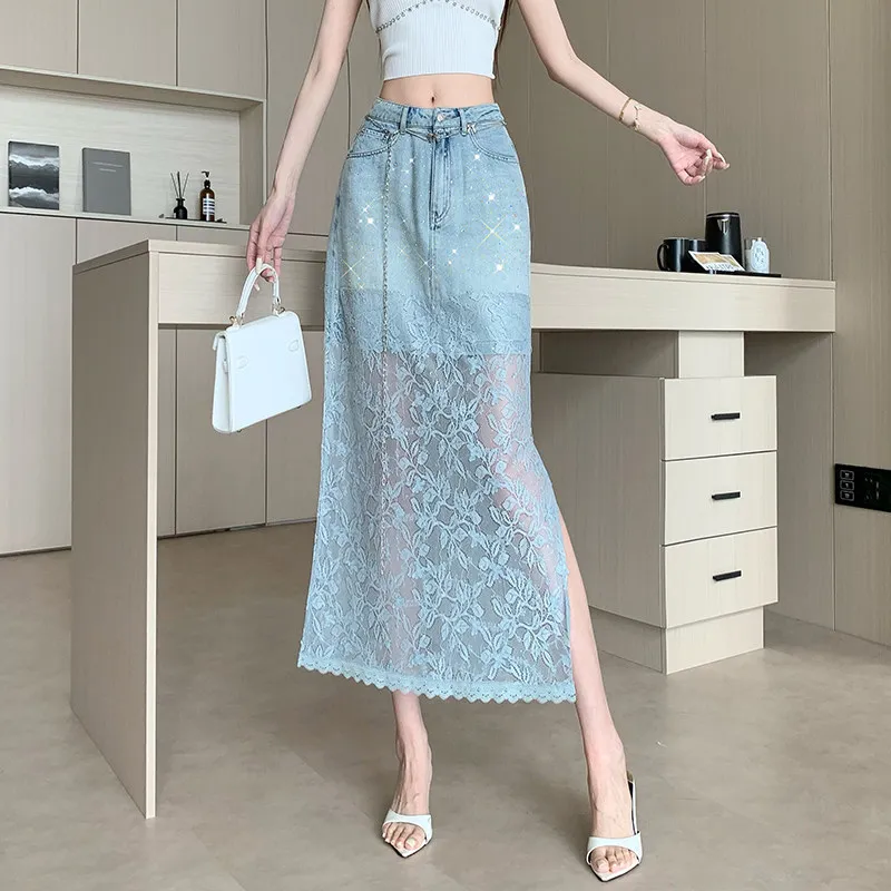 

Harajuku Vintage Beaded Lace Denim Blue Patchwork Pencil Skirt Women Jacquard Side Split Midi Skirt Niche Office Commut Skirts