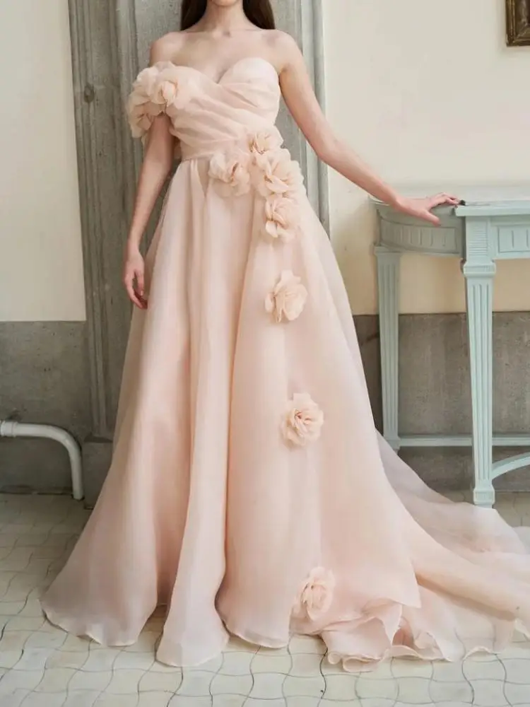 

Elegant Coral Pink Evening Dresses Sweetheart Handmade Flower A Line Chiffon Boho Women Formal Occasion Dress Wedding Party Gown