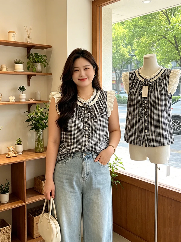

plus Size Women's Summer New Retro Doll Shirt Embroidered Color Block Fly Sleeve A-Line Shirt Loose Fit round Neck No Sleeve