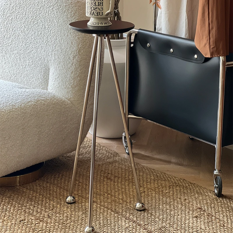 Stainless Steel Coffee Stand Round Accent Table for Balcony Bedside Corner Shelf Small Living Room Wooden Desktop Side Table