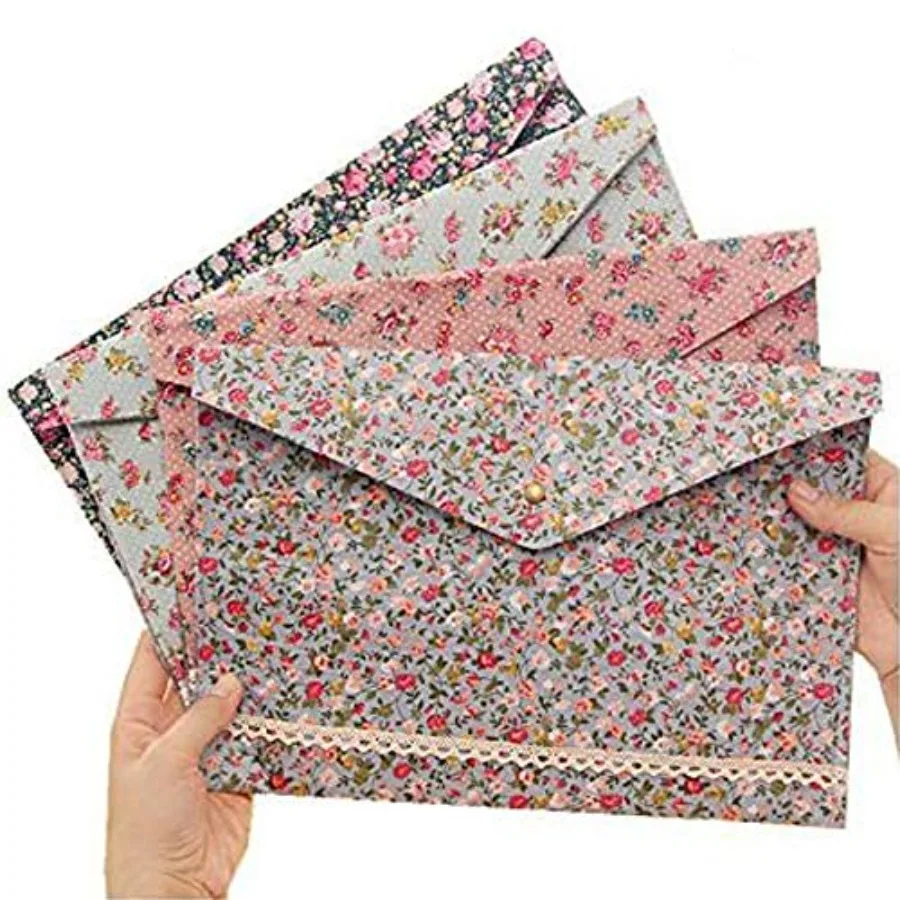 

4 Pcs Individualized Felt A4 Size Floral Pattern Document Folder with Sp Button Office Document Cash Coin Stationery Storage Or