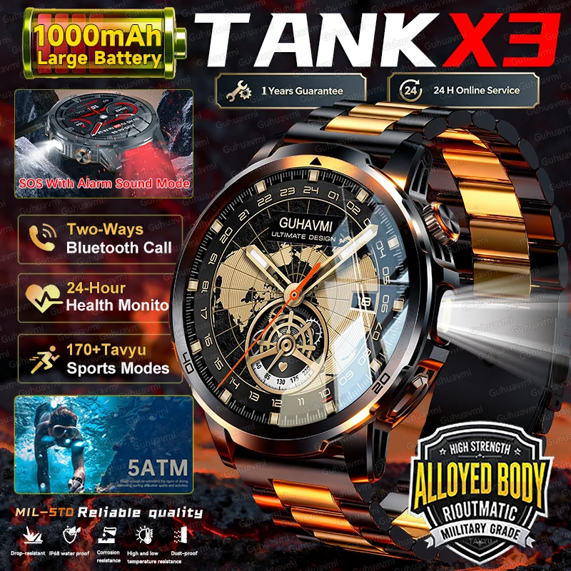 

2026New TANKX3 Smart Watch Fitness Clock Men 1000mAh Large Battery Outdoor Flashlight Bluetooth Call Waterproof Fitness Bracelet
