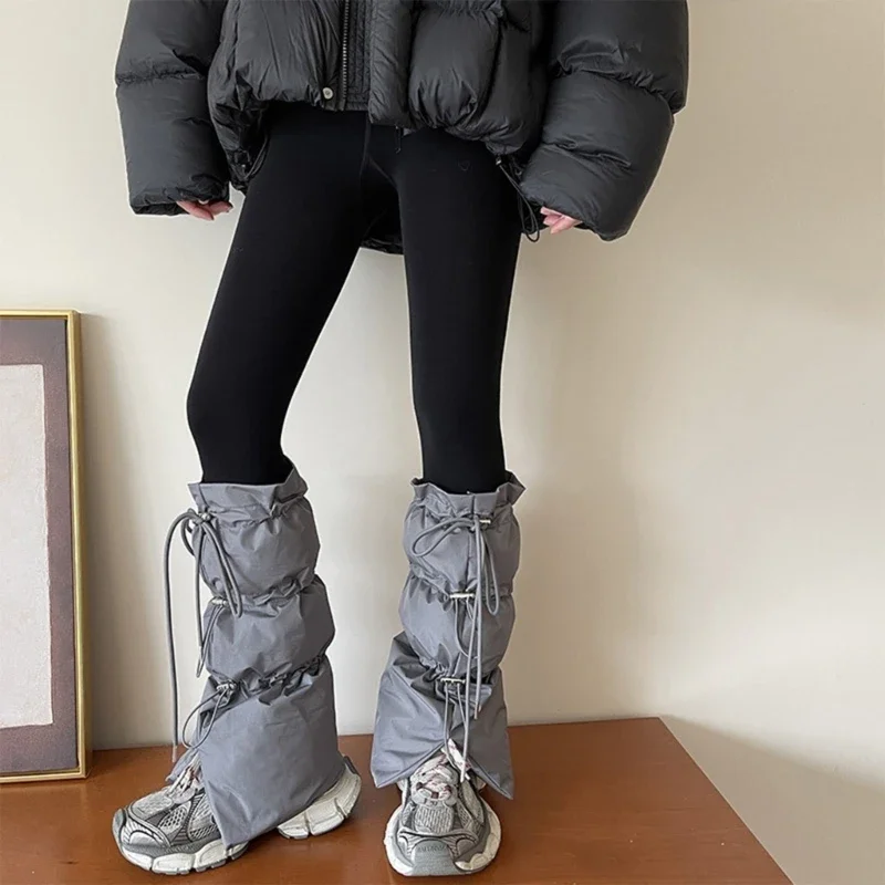 Women Korean Fashion Winter Padded Puffer Leg Warmers for Outdoor Sports Adjustable Drawstring Split Flared Boot Covers Socks