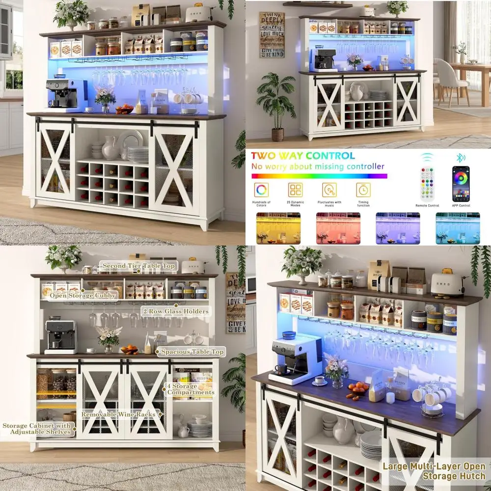 ตู้บาร์กาแฟสไตล์บ้านไร่พร้อมไฟ LED, ตู้เก็บไวน์ 4 ชั้น, บานเลื่อนบานเลื่อนบานเลื่อนบานเลื่อนบานเลื่อน