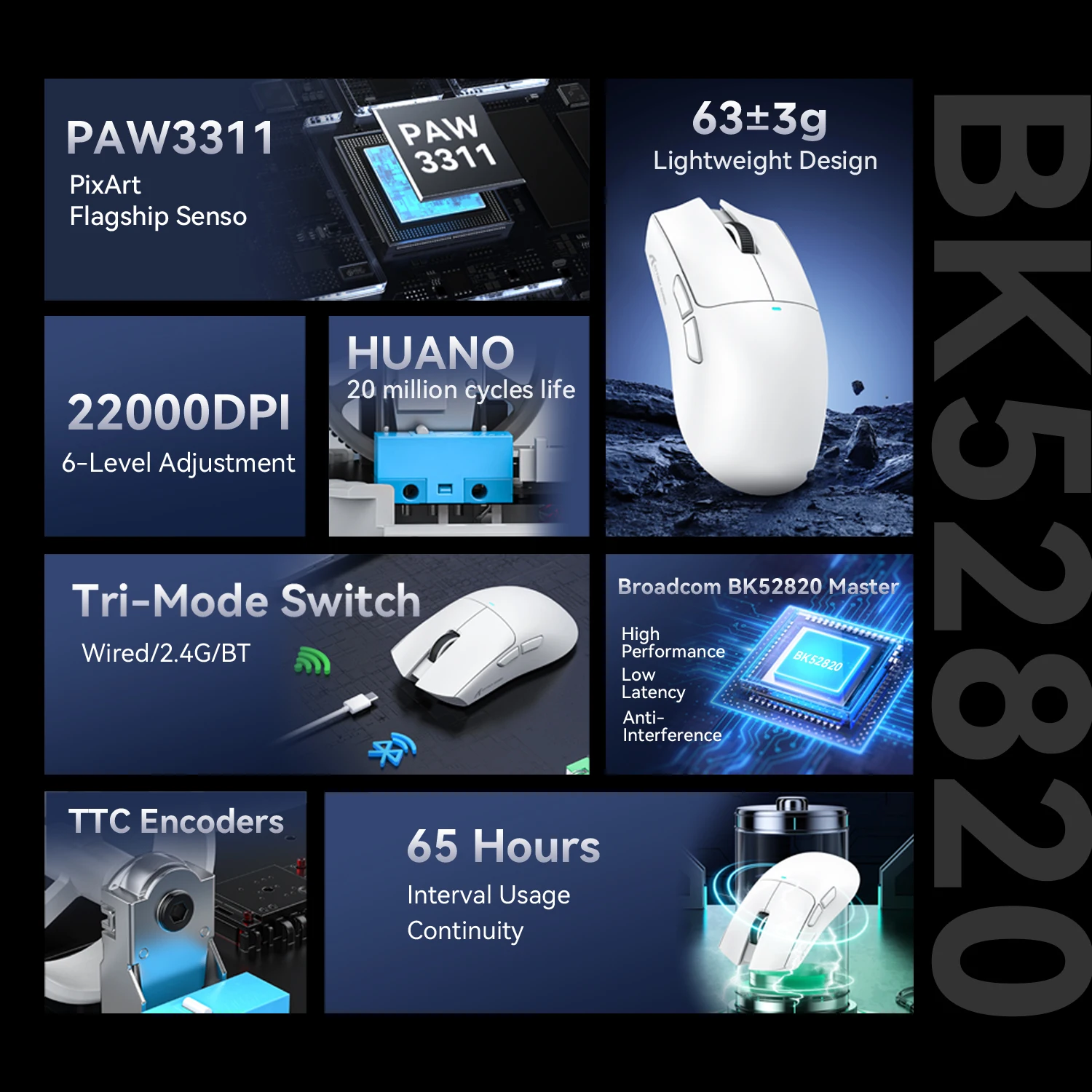 ماوس ألعاب ATTACK SHARK X11SE 63g خفيف الوزن، 22000 نقطة في البوصة، مستشعر PAW3311، BT/2.4G/سلكي، ماوس ألعاب ماكرو ﻿ ﻿