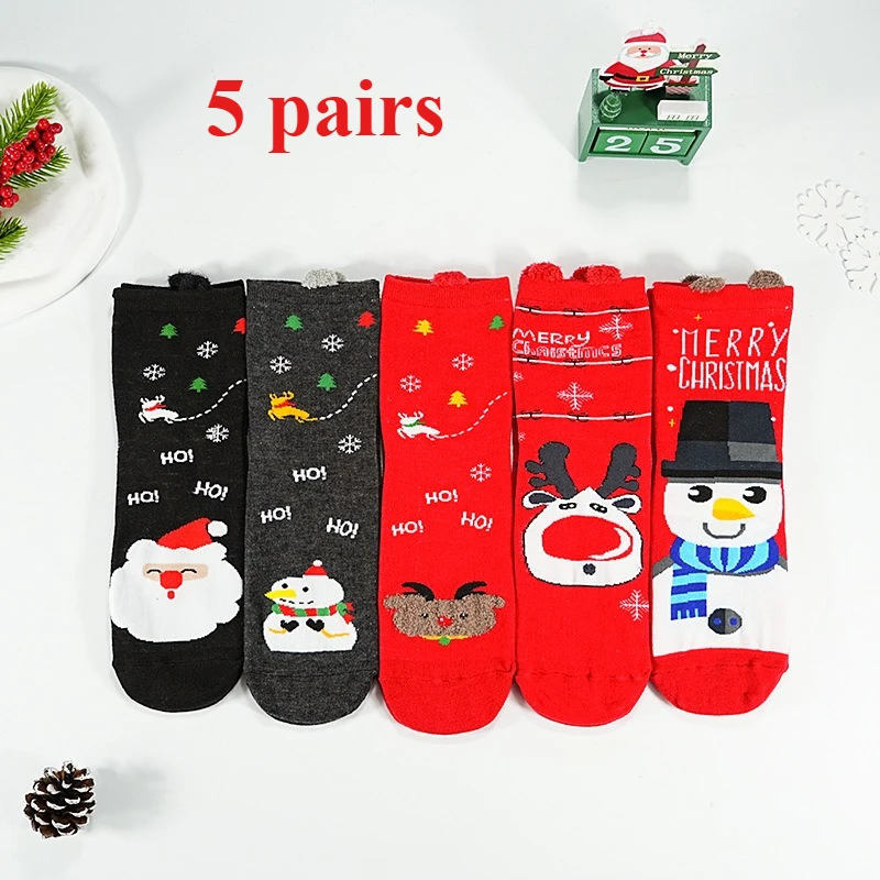 

5 Pairs of Cartoon Santa Claus Women's Socks Three-dimensional Ears Cartoon Animals Halloween Christmas Tree Decorations Gifts