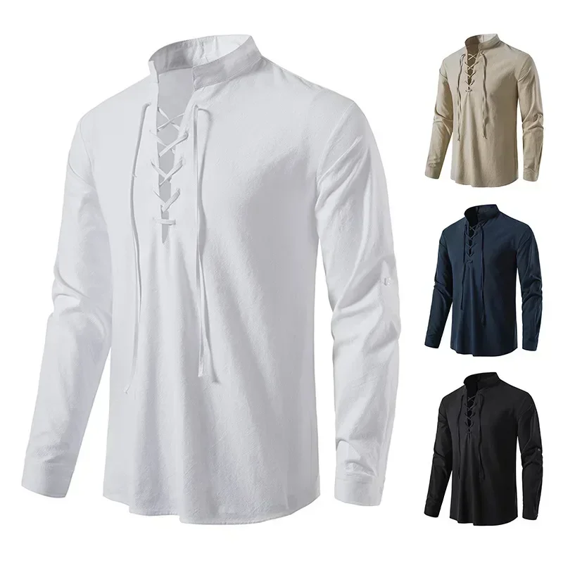 2023 New Men's V-neck Shirt T-shirt Fashion Vintage Thin Long Sleeve Top Men Casual Breathable Front Lace Up Man Shirts