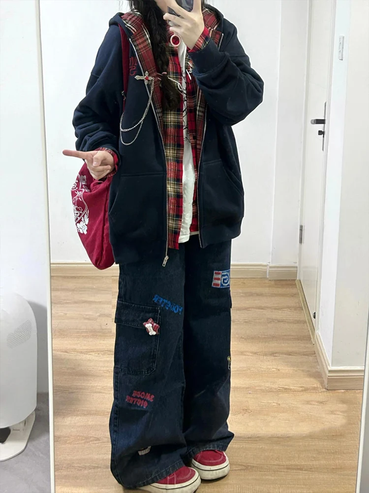 

Retro Distred Stamp Design n Wide Leg Relaxed Fit Classic High Waist Women's Spring Autumn Denim Jeans Cargo Pants