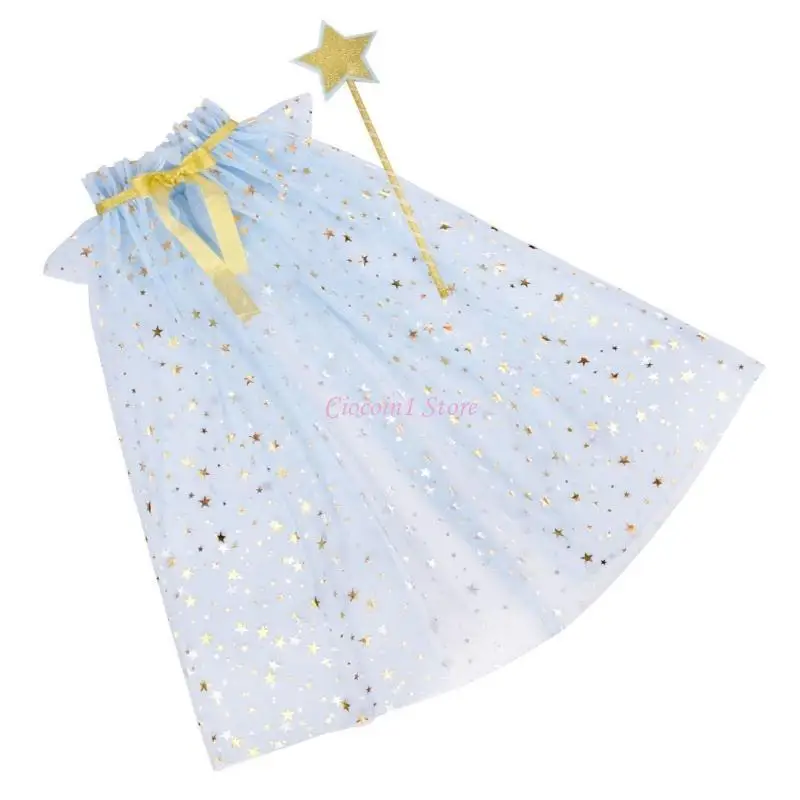 Y1UB 2PCS Star Wand e Sheer Cape for Kids Infants Girls Tulle Cloak & Star para festas conto e fingimento