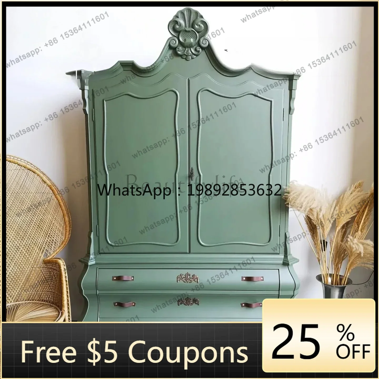 FF French Solid Wood Carving Flower Living Room Decorative Cabinet American Modern Simple Dining Room Storage Wine Cabinet
