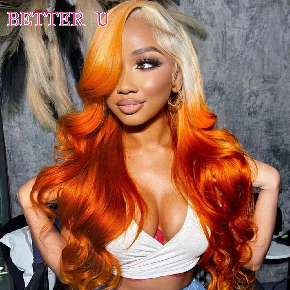 Ombre Blonde With Ginger 13x4 HD Transparent Lace Front Human Hair Wigs For Women 13X6 Colored Orange Lace Front Body Wave Wig