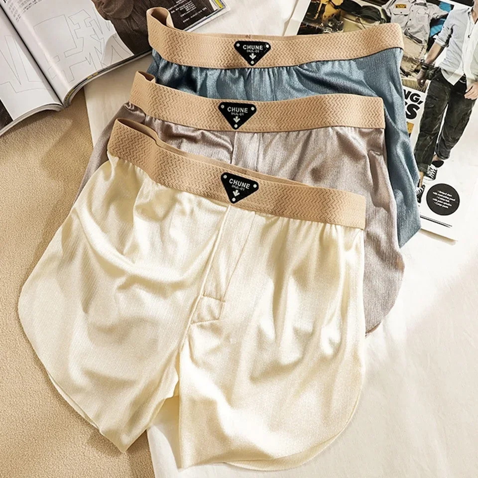 

Loose Fit Ice Silk Men's Boxer Shorts with Seamless Design and Flowing Gold Thread Detail Mid Waist Home Underwear