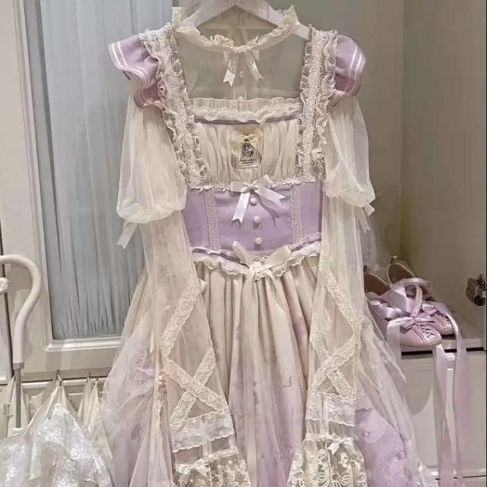 Lolita Dress JSK Fairy Full autunno/inverno Dream Doll Bow Lace Ruffled Kawaii Princess Dress viola blu