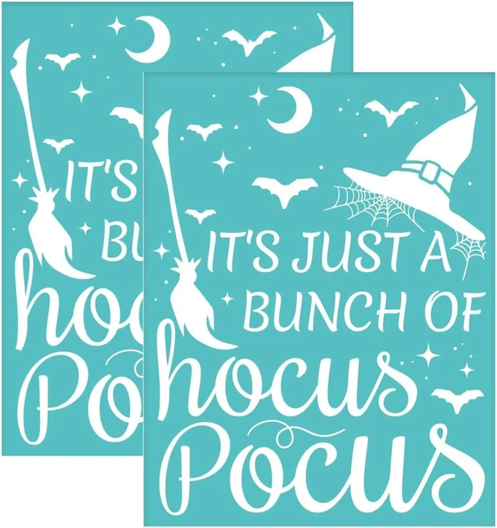 2pcs 8.5x11 Inch Halloween Self-Adhesive Silk Screen Stencils Reusable Hocus Pocus Stencils Witch Hat Printing Stencil Magic