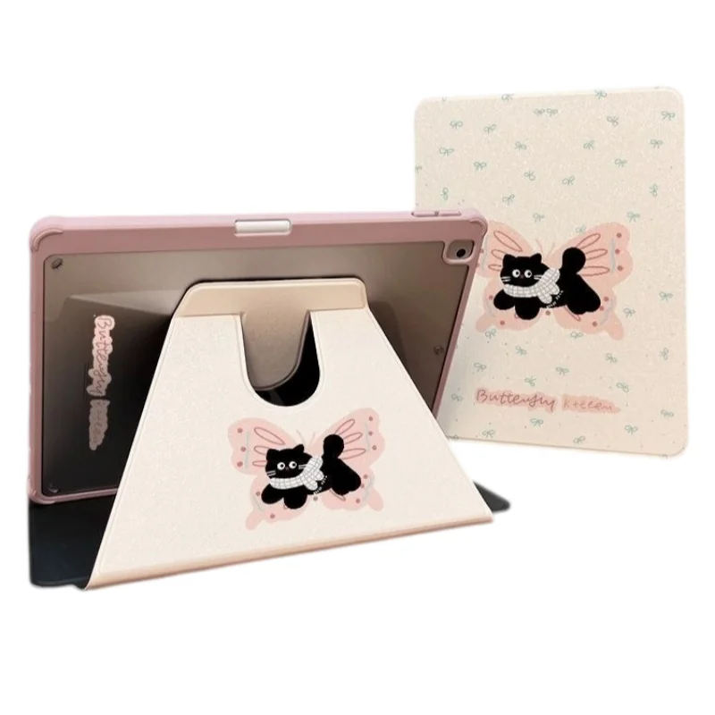 Butterfly kitten 360 Rotatable Pen Slot Tablet Case For iPad 2026 Air8 7 6 4 3 2 1 Pro 2024 11in 12th 11 10 9 8 7 6 5th Cover