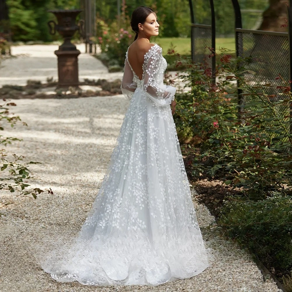 Elegant A Line Wedding Dresses Long Puff Sleeves V Neck Lace Sweep Train Backless Floor Length Bridal Gown vestido de noivia