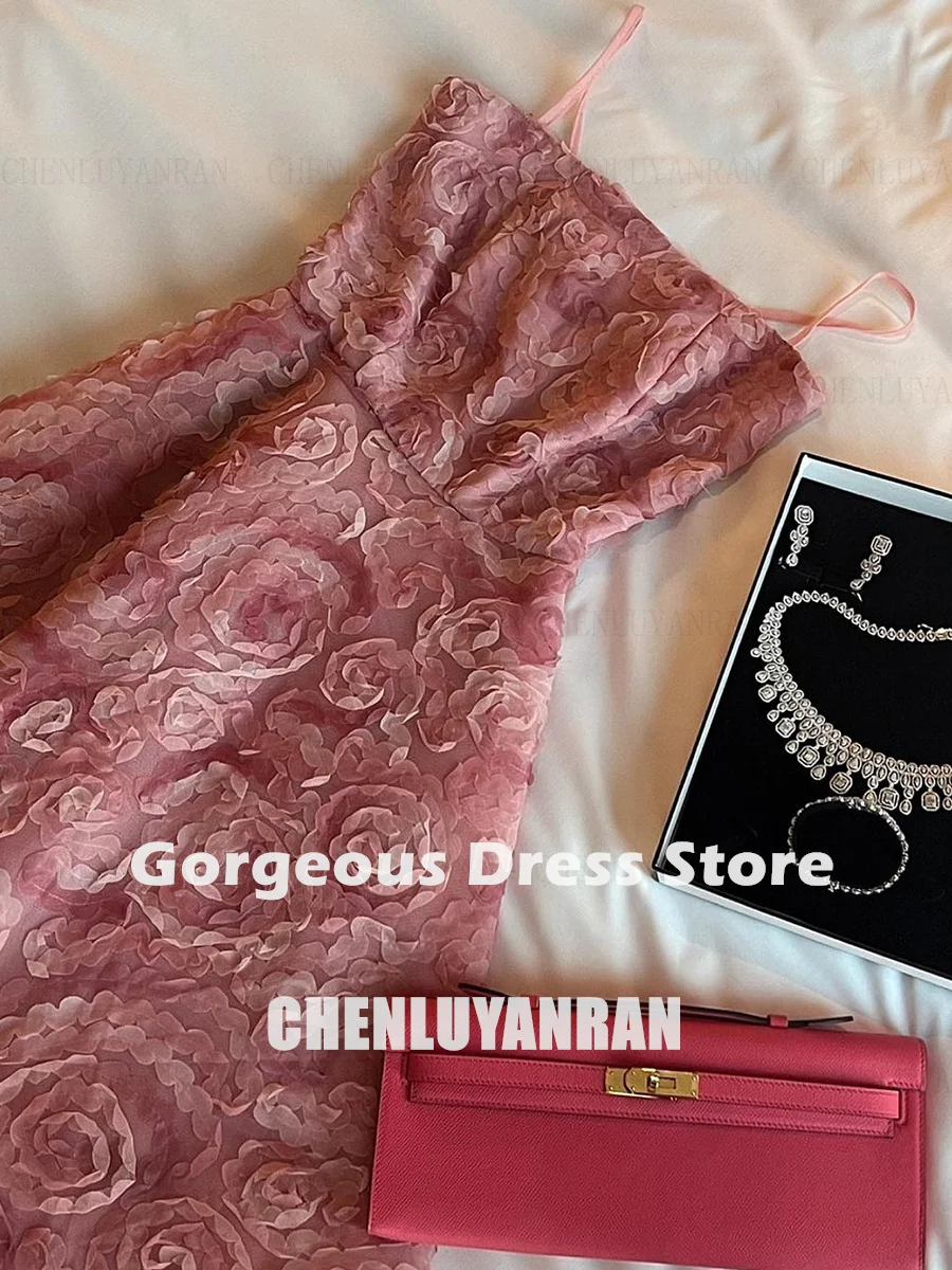 Roze 3D-bloem formele gelegenheidsjurken 2025, strapless tule, sexy feestjurk, vetersluiting, a-lijn, lange avondjurken, wwwة