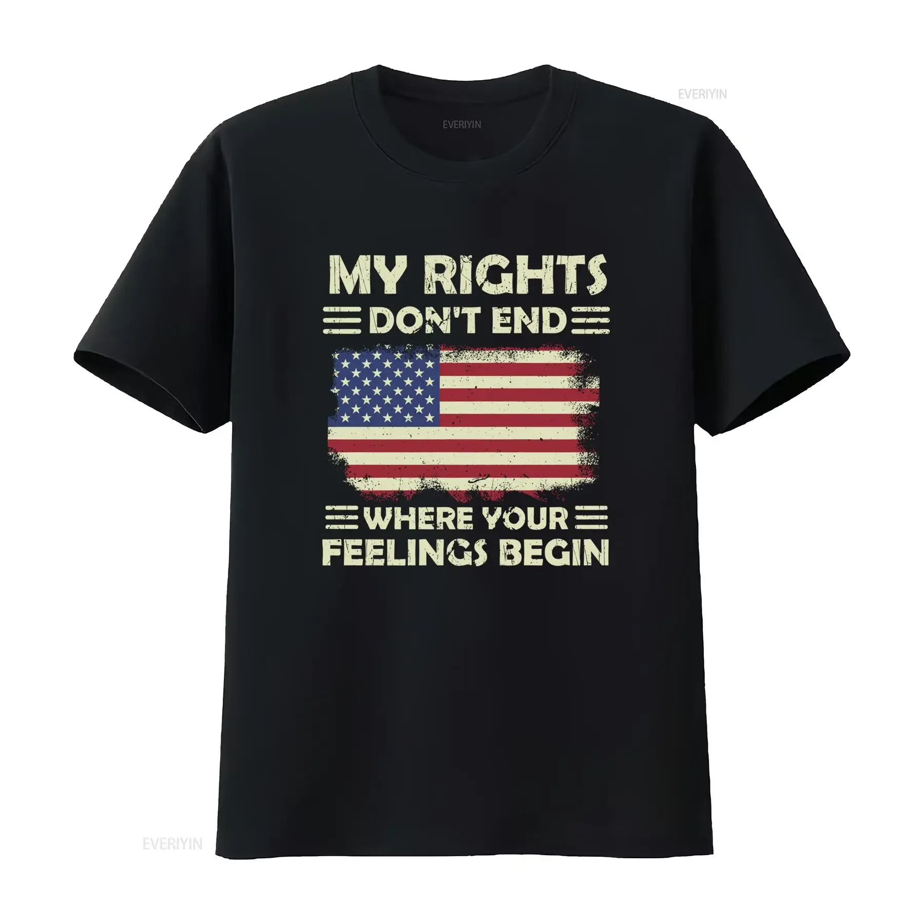 Men's Patriotic Black T Shirt My Rights Don't End Where Your Feelings Begin with American Flag Print vintage Washed Soft