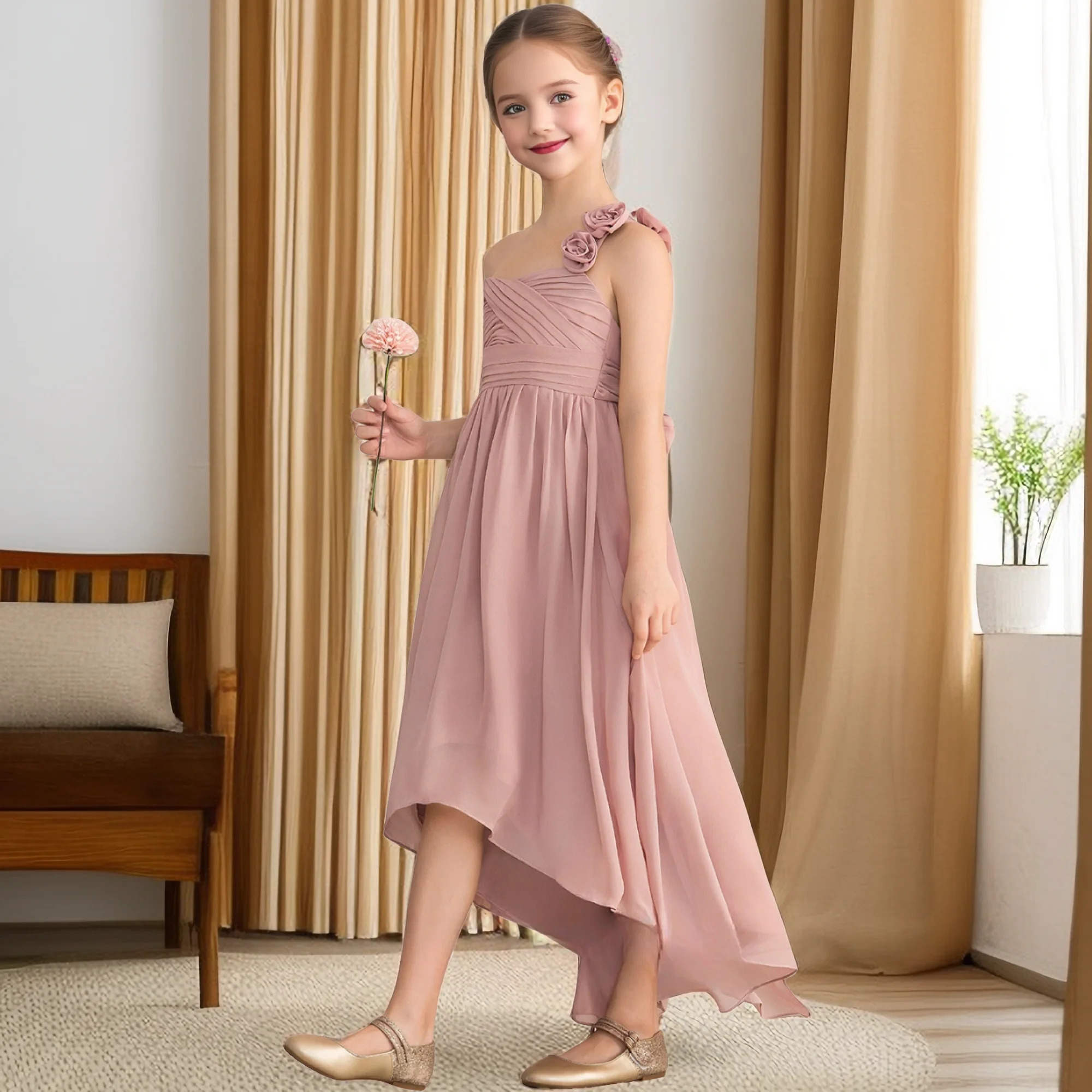 One-Shoulder Chiffon Junior Bridesmaid Dress For Kids Festivity Celebration Wedding Birthday Evening Party Pageant Prom Ball