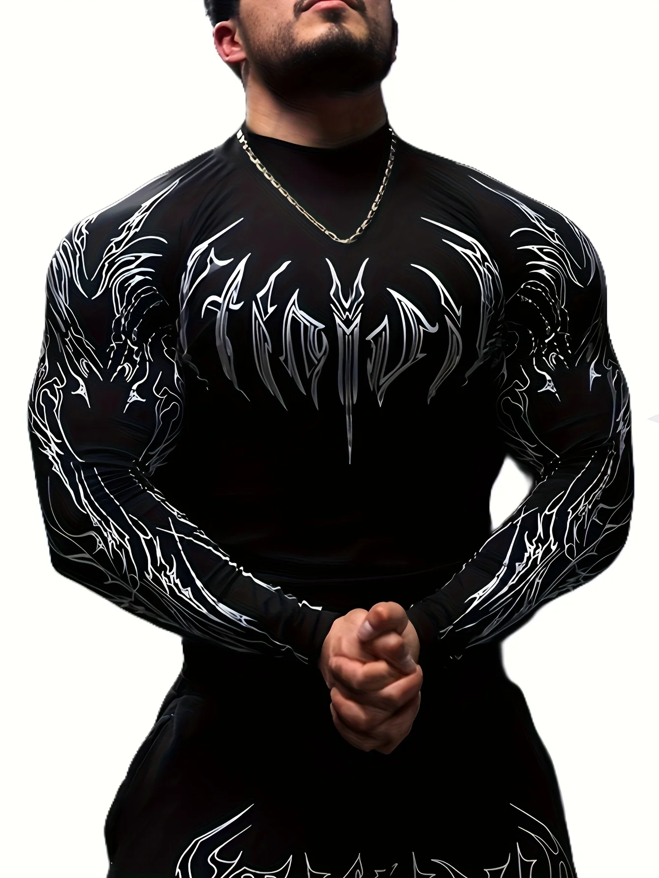 T-shirt de fitness à manches longues pour homme, coupe ajustée, imprimé géométrique, col montant, idéal pour la gym, vêtements de sport saisonniers pour homme
